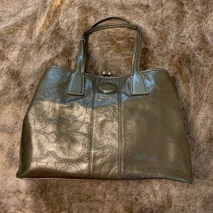 Grey patent leather Coach satchel